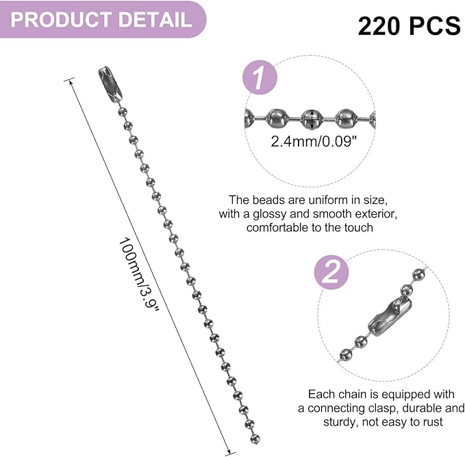 uxcell 220pcs Metal Ball Bead Chain, 100mm Long Bead Connector Clasp Dog Tag Hanging Chain for Key Chains Tags Craft Projects Jewelry Making, Gun Black