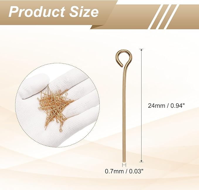 HARFINGTON 100pcs Open Eye Head Pins 0.94" 24mm Mini Metal Wire Eye Pins Beading Small Needles Bulk for Earring Pendant Necklace Bracelet Charm Jewelry Making Findings, Champagne Gold