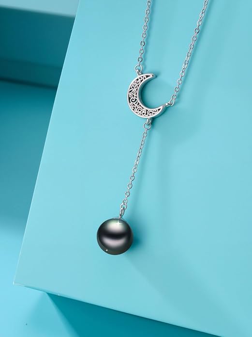 KANNSOAR Tahitian Black Pearl AAAA 18K White Gold Plated Sterling Silver Moon Pendant Y Necklace for Women Wife Mom Girlfriend Her Jewelry Gift for Anniversary Birthday