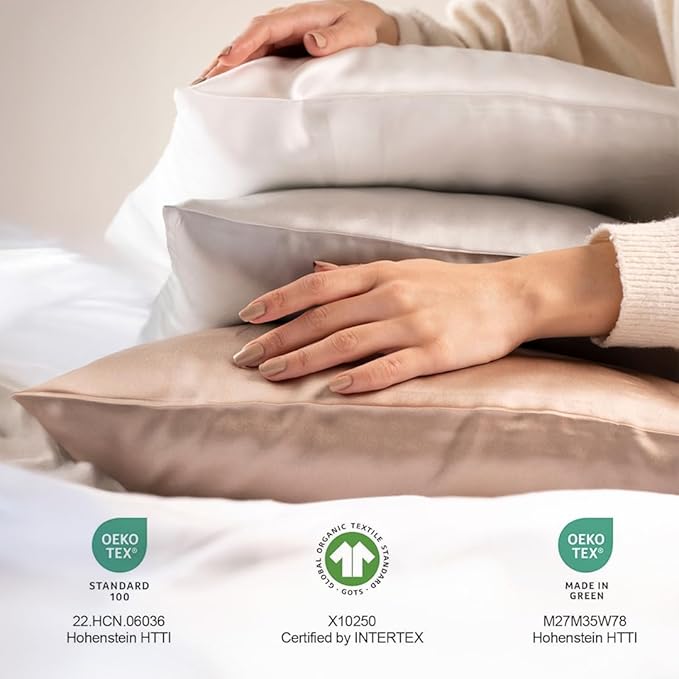 Silk Pillow Cases Certified Organic 100% Pure Mulberry Silk Pillowcase Grade 6A 25 Momme Pillowcase (Gray, Standard, Pack of 2)