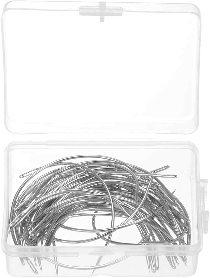 HARFINGTON 50Pcs Curved Needles 3" C Type Weaving Sewing Needles Wig Making Upholstery Big Eye for Carpet Leather Canvas Repairing Blocking Knitting