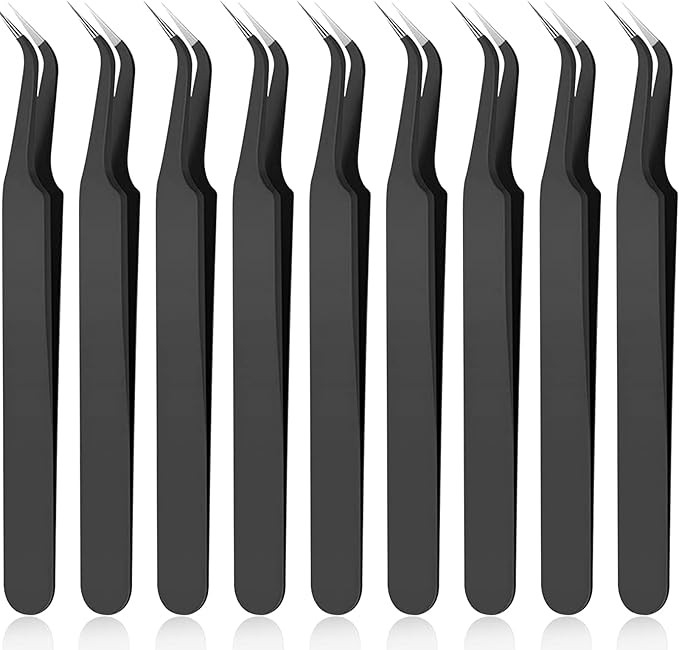 Honoson 9 Pieces Curved Pointed Craft Tweezers Stainless Steel Precision Tweezer with Protective Cover for Rhinestones Dried Flowers Craft Stickers Eyelash Extension Jewelry Making(Black)