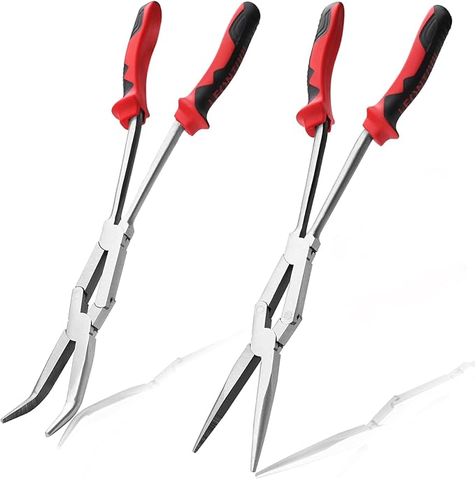 Straight and 45-Degree Bent Needle Nose Pliers Set 2Pcs Double Jointed Needle Nose Pliers Set Extra Long Needle Nose Plier with Serrated Jaw Long reach pliers for Hard to Reach Narrow Spaces