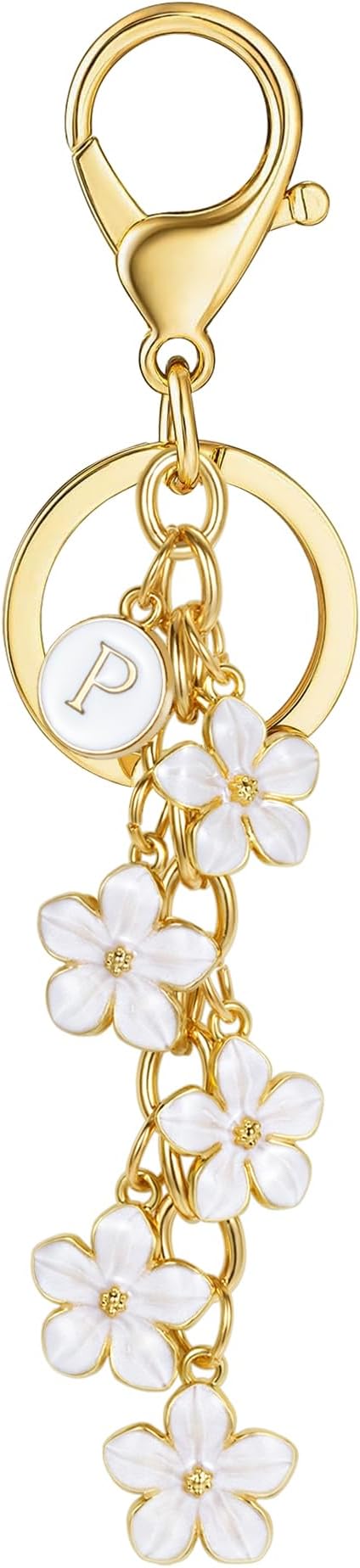 XGALBLA White Pink Black Cute Initial Letter Keychain for Women, Flower Bag Charms Enamel Keyring for Handbag Backpack