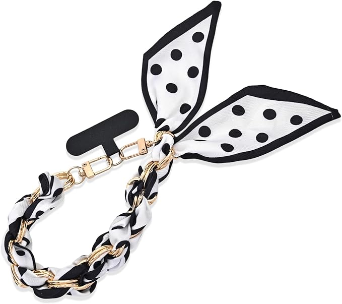 Fycyko Phone Wrist Strap with Gold Metal Scarf and Universal Tether Tab, Aesthetic Print Design Ribbon Chain, Multi-Purpose Accessories for Bag Key Cellphone for Men Women Girls-Black Polka Dot