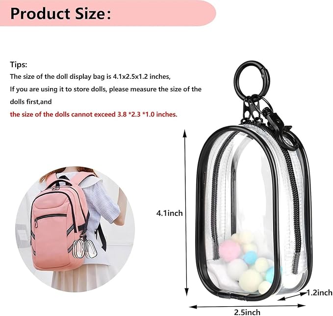 2PCS Clear Character Display Bag Mini Doll Hanging Box with Key Chain, Portable Zipper Closure Dust Guard Set Box - Semi-Circular (Black + Transparent)