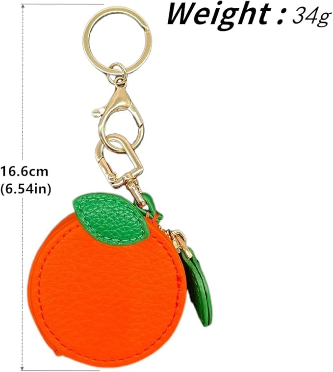 Cute Orange Fruit Coin Purse Keychain – Kawaii Mini Leather Zipper Pouch Bag Charm with Leaf for Women & Girls, Perfect Holiday Gift, Stocking Stuffer, Birthday Party Favor