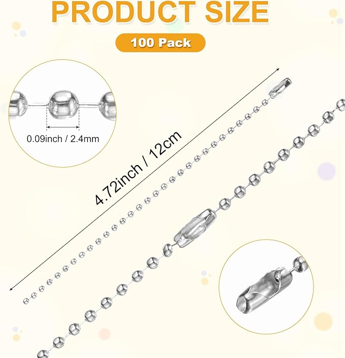 M METERXITY 50-Pack Ball Beads Chain, 4.7 in Metal Beaded Necklace Adjustable Keychain with Connectors for Jewelry Making/DIY Crafts/Hanging Decoration, Dog Tag Chain [Silver]