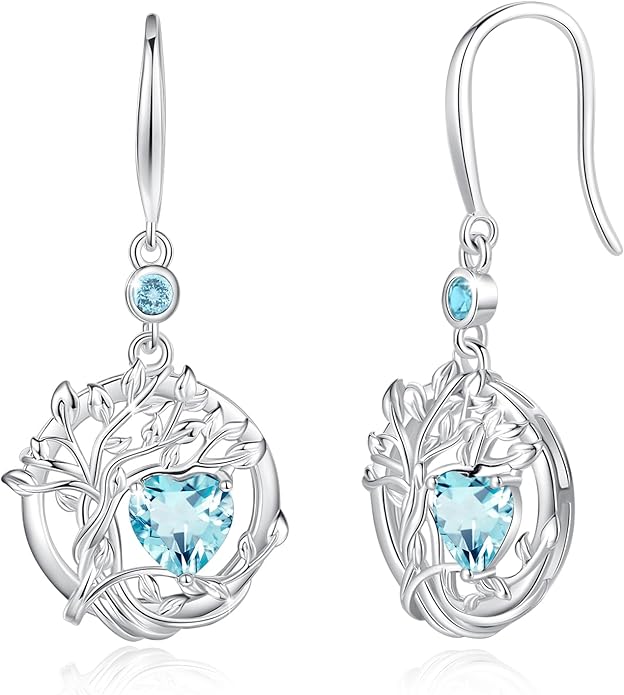 FANCIME Tree of Life Dangle Drop Earrings 925 Sterling Silver Dainty Round Gemstone Birthstone Earring Fine Jewelry Birthday Christmas Gifts for Her Women