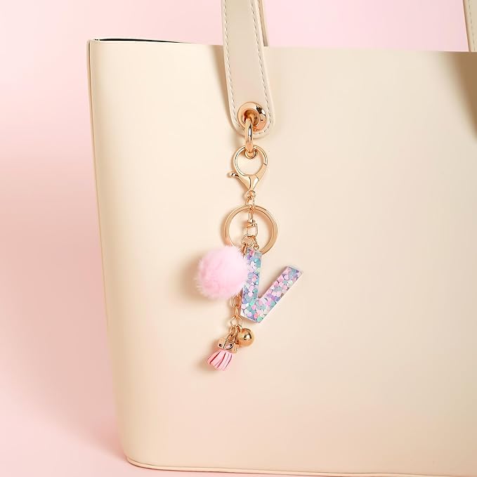 Resin Alphabet Initial Letter Keychain Keyring for Women Purse Handbags With Fur Ball Pom