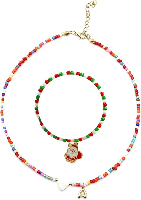 I IHAYNER Colorful Beaded Initial Necklace and Bracelet Set for Girls Personalized Letter Jewelry Gifts Trendy Choker Necklace Matching Bracelet Birthday Friendship Gift
