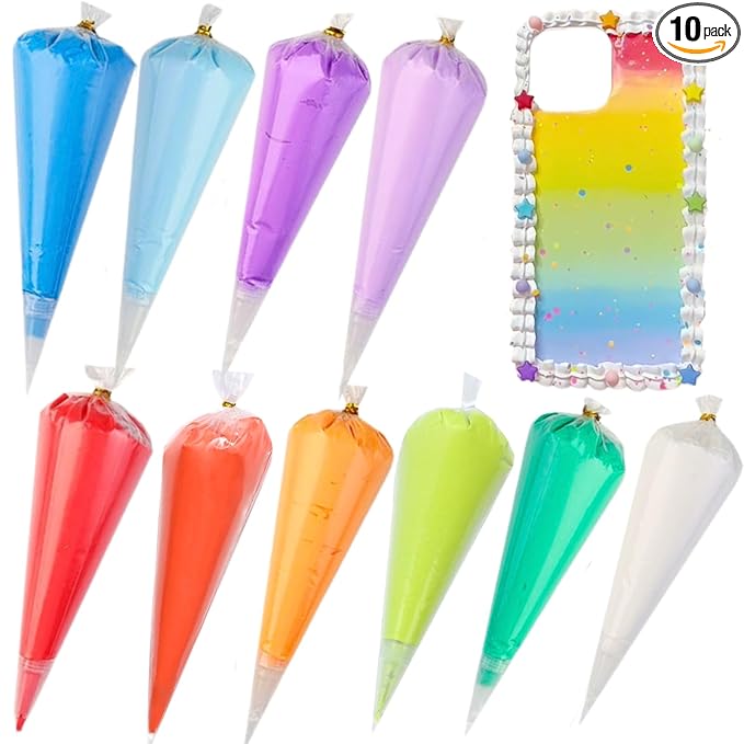 ASTRYAS 10PCS 100g Cream Glue Kit, Decoden Kit, Fake Whipped Cream Glue Clay Frosting with Decorating Tips for Crafts Handmade Phone Case Mirror Jewelry Accessories (Rainbow Theme)