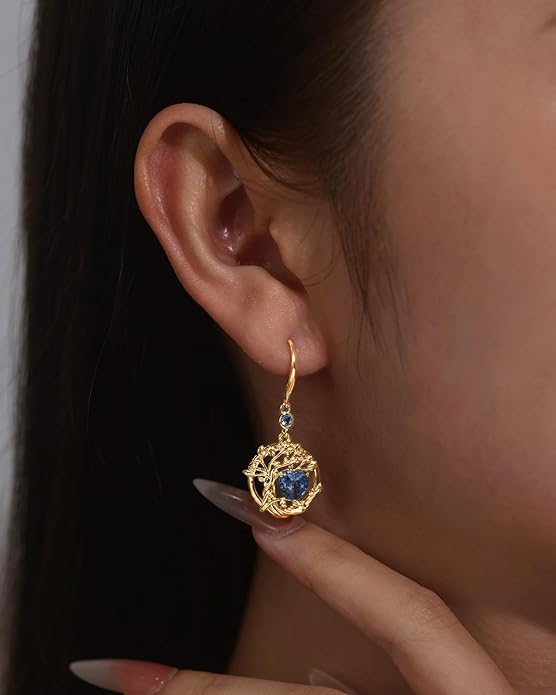 FANCIME Tree of Life Dangle Drop Earrings 925 Sterling Silver Dainty Round Gemstone Birthstone Earring Fine Jewelry Birthday Christmas Gifts for Her Women