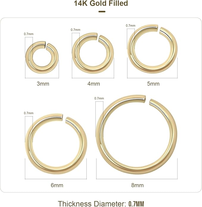 1000pcs 14k Gold Filled Jump Rings,Non Tarnish Gold Open Jump Rings for Necklace Bracelet Earrings DIY Jewelry Making Supplies (0.7x4mm, Gold)
