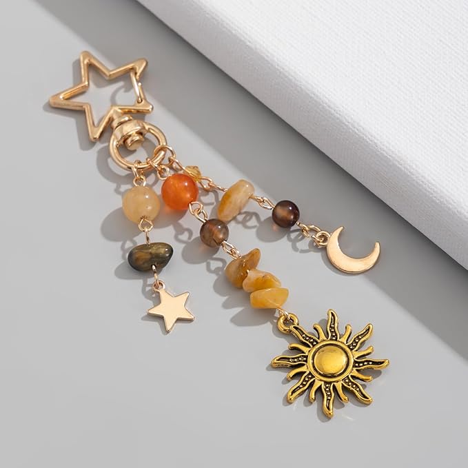 Sun Moon Star Keychain Y2k Aesthetic Boho Hippie Keychain Crystal Beads Bag Purse Charms for Handbags Thanksgiving Fall Gift