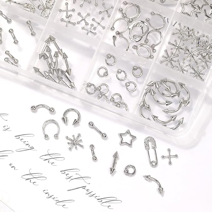 120 Pcs Mixed Nail Charms, CYHYII 1 Box Silver 3D Star Retro Nail Art Charm Y2K Metal Cross for Acrylic Nail Nail Art Design DIY Craft(12 Styles)