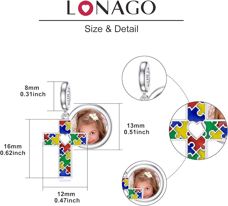 LONAGO 925 Sterling Silver Personalized Photo Charm Fit Compatible for Bracelet Necklace Customized Heart Round Shape Picture Bead