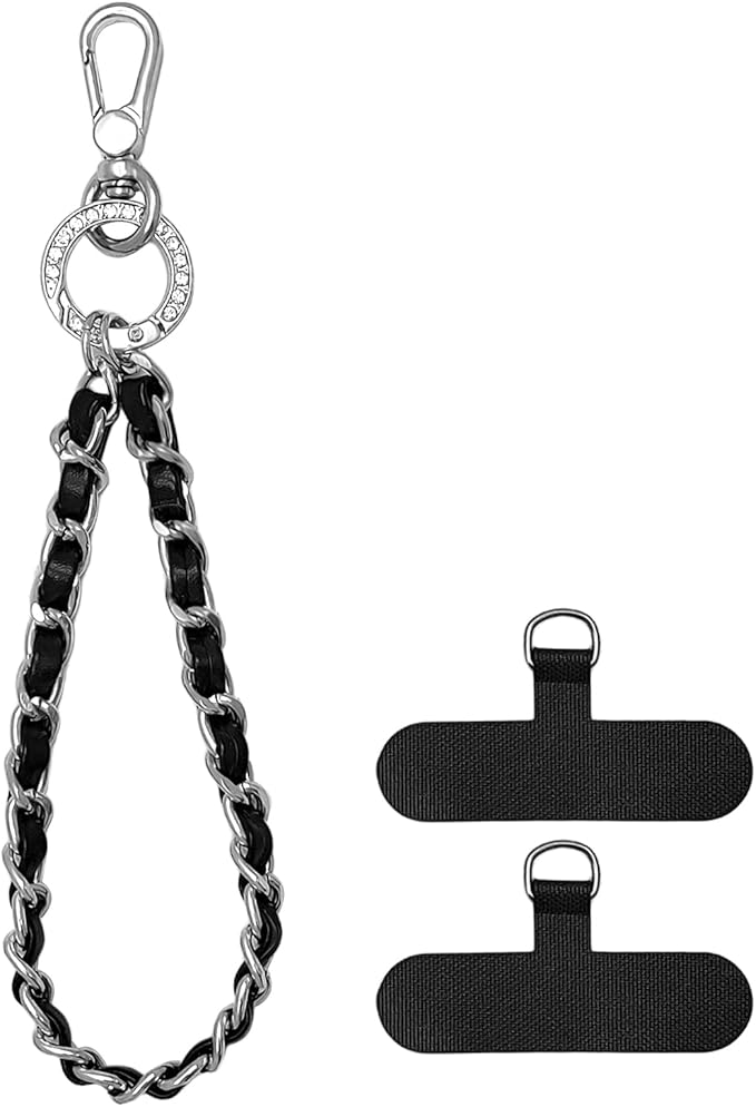 Phone Wrist Strap with Metal Chain Phone Lanyard Wrist with 2 Tether Tabs Metal Leather Cellphone Charm Phone Chain