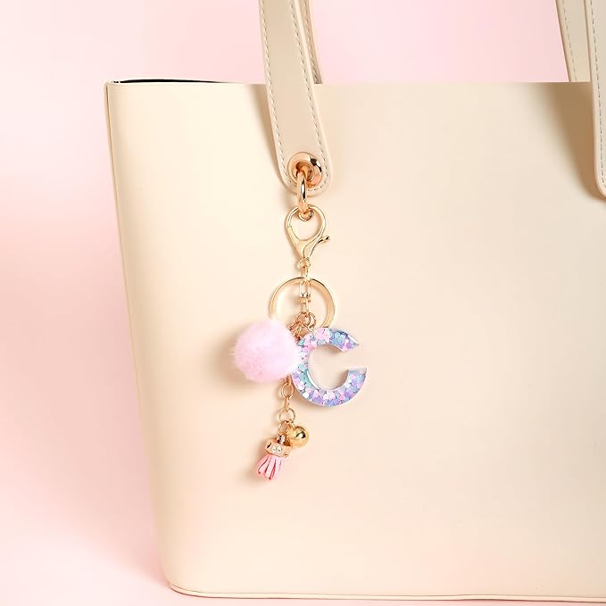 Resin Alphabet Initial Letter Keychain Keyring for Women Purse Handbags With Fur Ball Pom