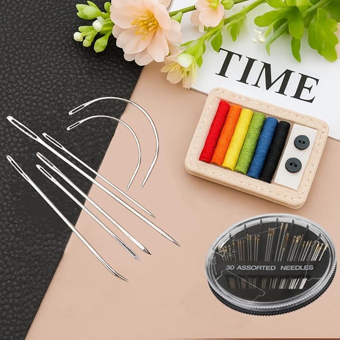 Eketirry 59 Pack Hand Sewing Needles Kit, 51-Assorted Sewing Needles & 5 Pack Heavy Duty Curved Needles with 3 Threaders for Household Sewing, Leather, Upholstery, Carpet, Canvas & Fabric Repair