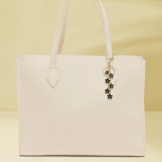 XGALBLA White Pink Black Cute Initial Letter Keychain for Women, Flower Bag Charms Enamel Keyring for Handbag Backpack