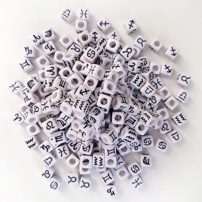 200+ Pieces 7x7mm White Cube Acrylic Alphabet Zodiac Charms Constellation Beads Mixed Plastic Shape Loose Beads for Jewelry Making Bracelets Necklaces Key Chains (Black on White)