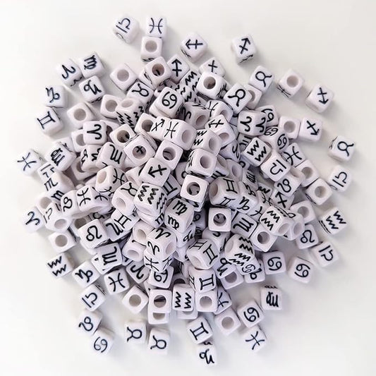 200+ Pieces 7x7mm White Cube Acrylic Alphabet Zodiac Charms Constellation Beads Mixed Plastic Shape Loose Beads for Jewelry Making Bracelets Necklaces Key Chains (Black on White)