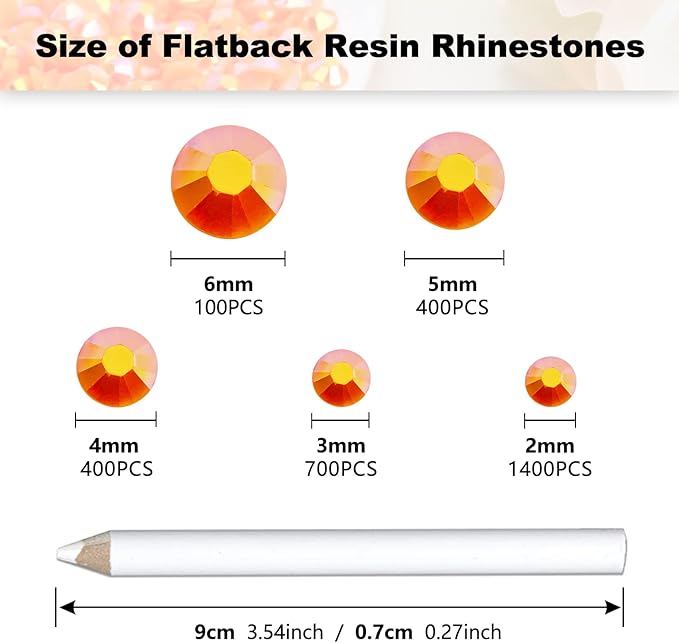 3000PCS Resin Flatback Rhinestone, 2mm 3mm 4mm 5mm 6mm Orange AB Flatback Jelly Resin Rhinestones for Tumblers, Mugs, Bottles, Craft Decoration, Loose Bling Glitter Gem Stone