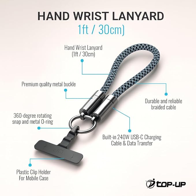 TOP-UP Lanyard – Cell Phone Strap with 240W USB C Charging & Data Cable – Durable Travel Essentials for iPhone 17/16/15
