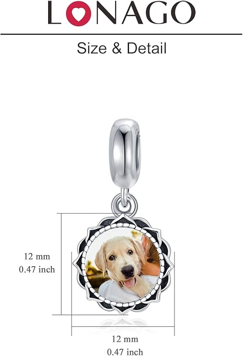 LONAGO 925 Sterling Silver Personalized Photo Charm Fit Compatible for Bracelet Necklace Customized Heart Round Shape Picture Bead