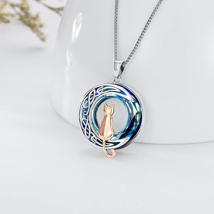 TOUPOP Cat Gifts for Cat Lovers One Two Three Four Cats Necklace Sterling Silver Cats on the Moon Pendant Necklace with Blue Circle Crystal Birthday Christmas Celtic Jewelry Gifts for Women