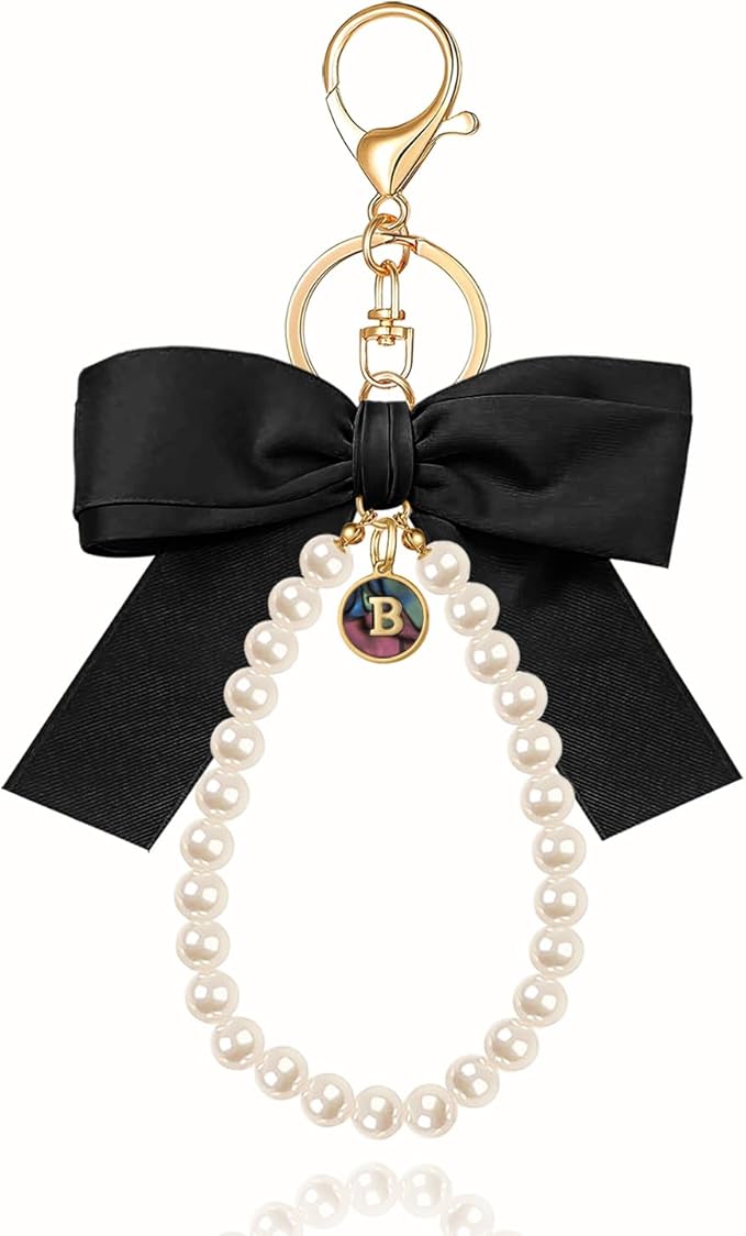 XGALBLA Initial Letter Cute Coquette Bow Keychain for Women, Wristlet Simulated Pearl Keychains Bag Charms for Handbags