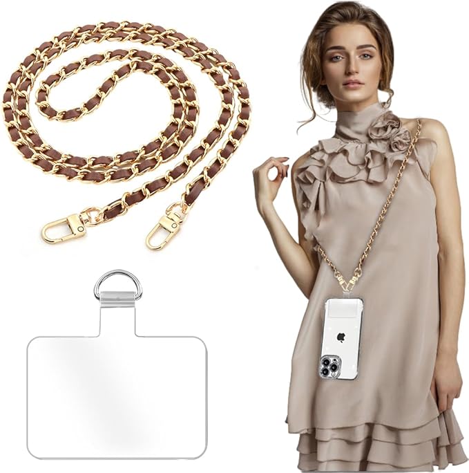 Phone Crossbody Chain Cell Phone Lanyard,Universal Leather+Metal Shouder Strap with Phone Tether Patches (L)