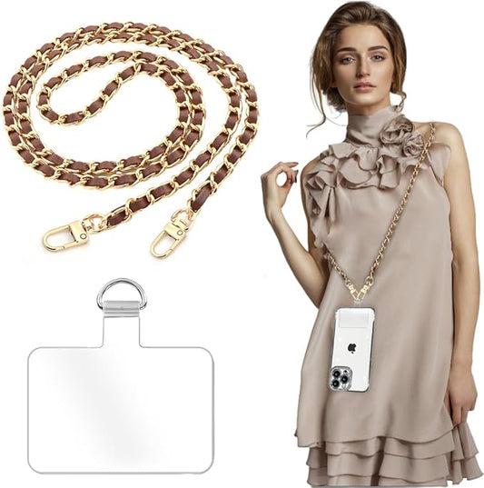 Phone Crossbody Chain Cell Phone Lanyard,Universal Leather+Metal Shouder Strap with Phone Tether Patches (L)