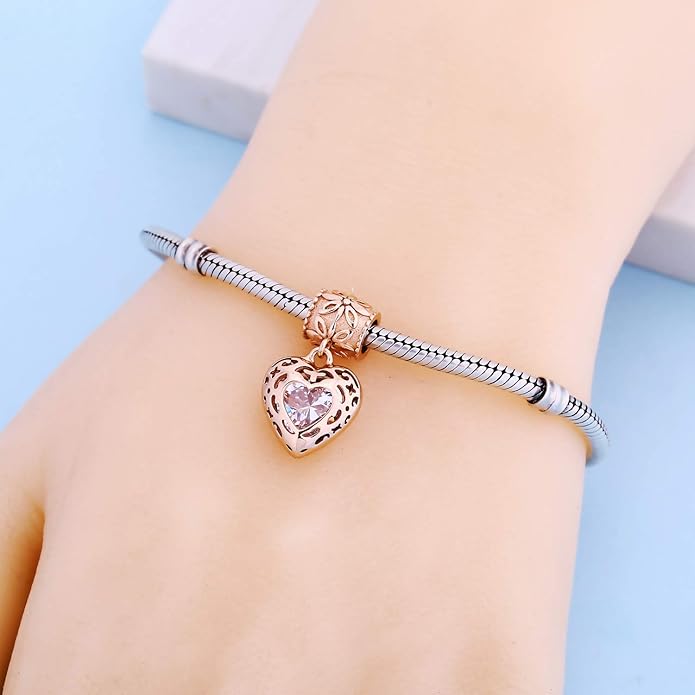 925 Sterling Silver Love Heart Charms fit Pandora Style Bracelets for Mothers Day Christmas Valentines Day Gift for Mom Wife Grandma