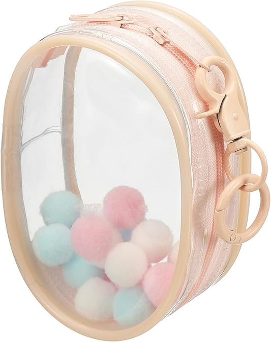 uxcell 4 Inch Clear Figure Display Bag, Mini Clear Pouch Waterproof Coin Pouch with Keychain and Pom Poms for Blind Box Doll Display (Round, Dusty Mauve)