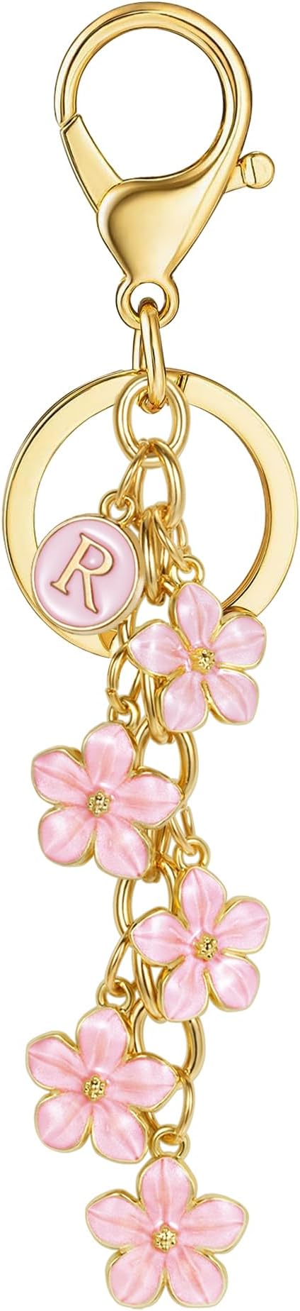 XGALBLA White Pink Black Cute Initial Letter Keychain for Women, Flower Bag Charms Enamel Keyring for Handbag Backpack