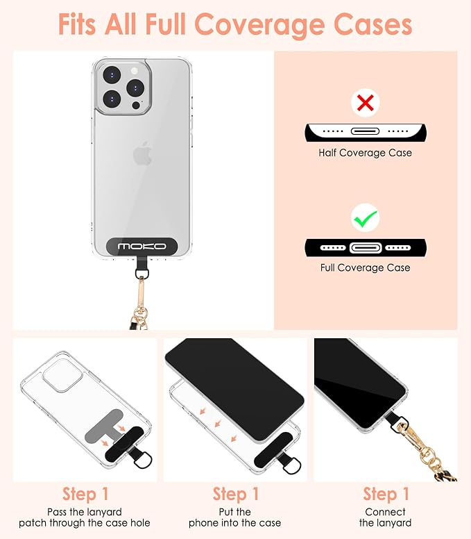 MoKo Universal Phone Lanyard, Metal Cell Phone Chain Crossbody Strap Anti-Theft Detachable Women Cellphone Lanyards Around The Neck with Patches for iPhone, Most Smartphones - Gold & Black