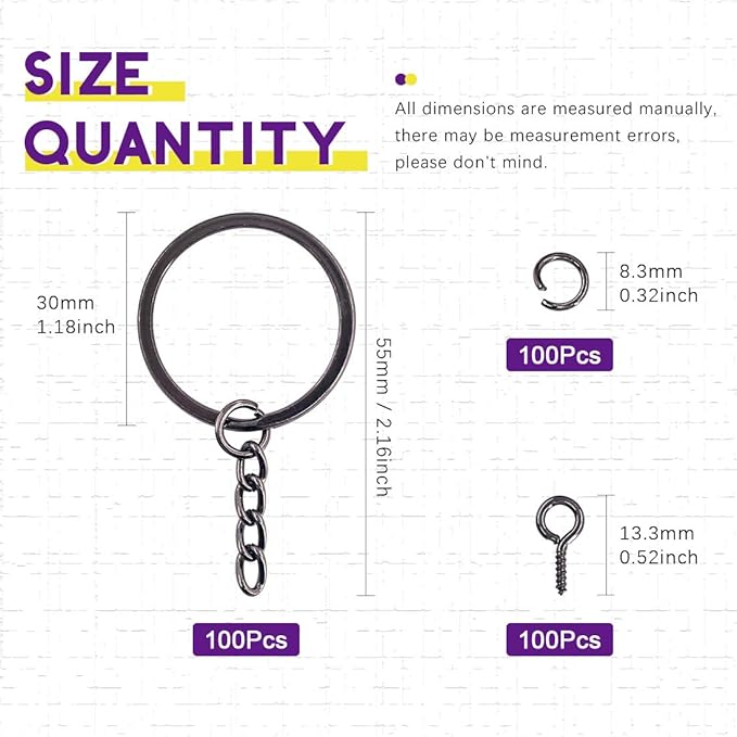 Swpeet 450Pcs 6/5 Inch 30mm Black Flat Key Chain Rings Kit, Including 100Pcs Split Keychain Rings with Chain and 100Pcs Jump Ring with 100Pcs Screw Eye Pins Bulk for Jewelry Findings Making