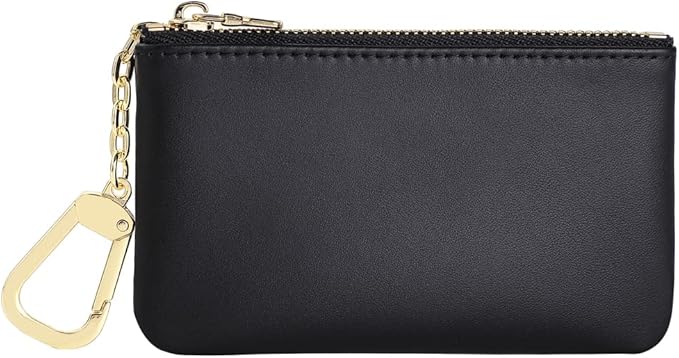 Premium Genuine Full Grain Leather Mini Coin Purse Keychain Pouch Card Holder for Men Women (Black)