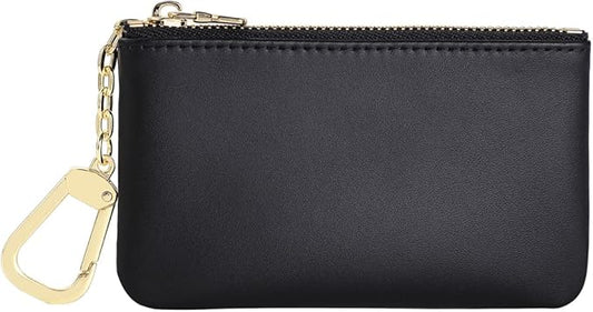 Premium Genuine Full Grain Leather Mini Coin Purse Keychain Pouch Card Holder for Men Women (Black)