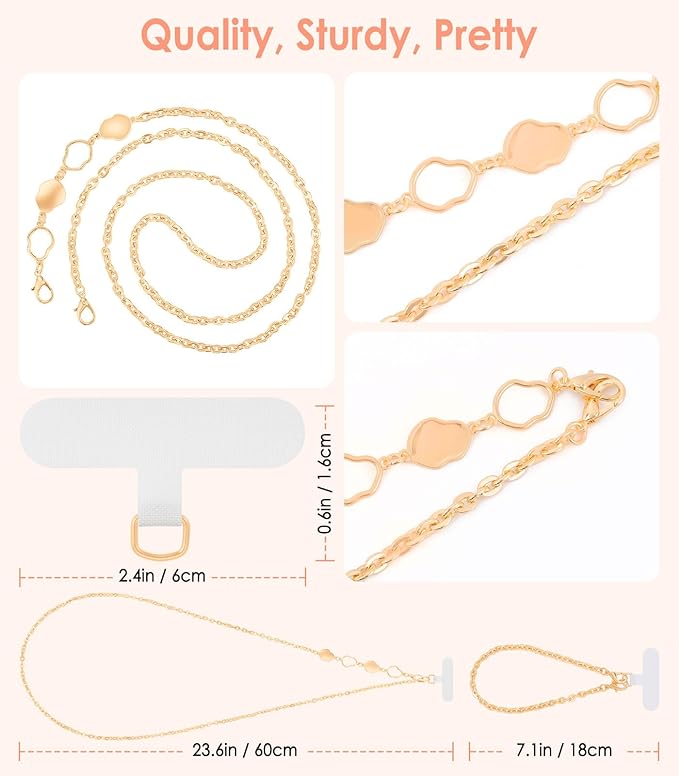 MoKo Universal Phone Lanyard, Metal Cell Phone Chain Crossbody Strap Anti-Theft Detachable Women Cellphone Lanyards Around The Neck with Patches for iPhone, Most Smartphones - Gold
