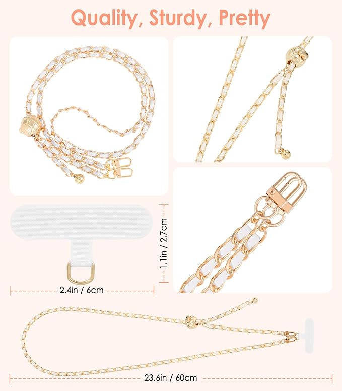 MoKo Universal Phone Lanyard, Adjustable Metal Cell Phone Chain Crossbody Strap Anti-Theft Detachable Women Cellphone Lanyards Around the Neck with Patches for iPhone, Most Smartphones, White