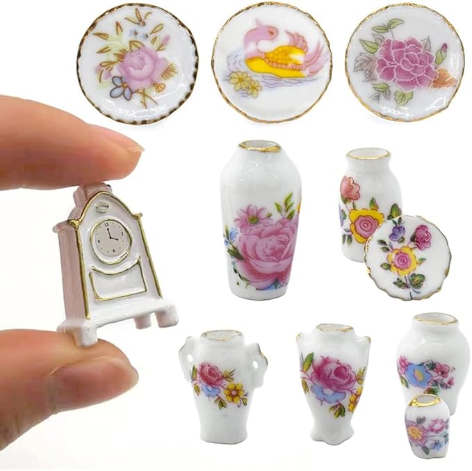 iLAND Miniature Dollhouse Accessories for Dollhouse Furniture, Mini Porcelain Vases and Decorative Plates w/a Desk Clock (Elegant Rose 11pcs)