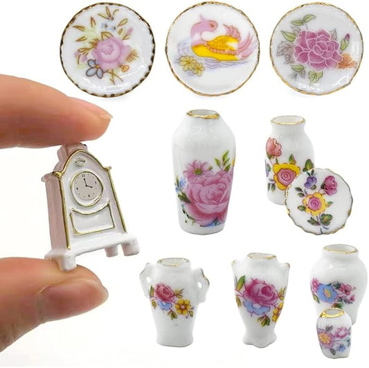 iLAND Miniature Dollhouse Accessories for Dollhouse Furniture, Mini Porcelain Vases and Decorative Plates w/a Desk Clock (Elegant Rose 11pcs)