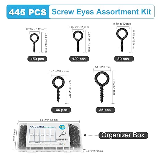 Aovchei Eye Screws Set, 455PCS 0.59" 0.67" 0.75" 0.87" 1" Heavy Duty Eye Hooks, Self Tapping Screw Bolts, Indoor & Outdoor for Hanging Artwork, Black