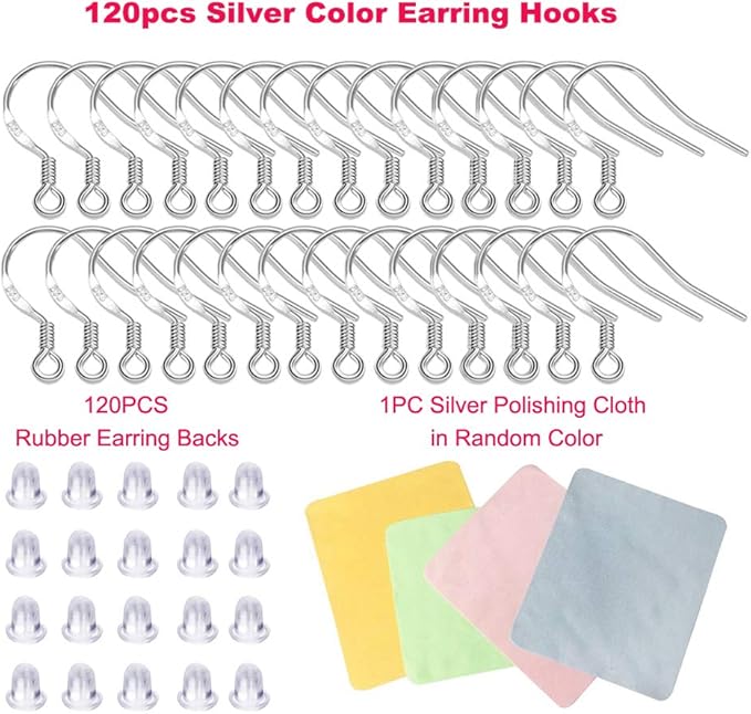 Hypoallergenic Silver Earring Hooks - 120 pcs/60 Pairs s925 Sterling Silver Plated Ear Wires for Jewelry Making, Jewelry findings Parts with 120 pcs Rubber Earring Backs Stopper for DIY Earrings