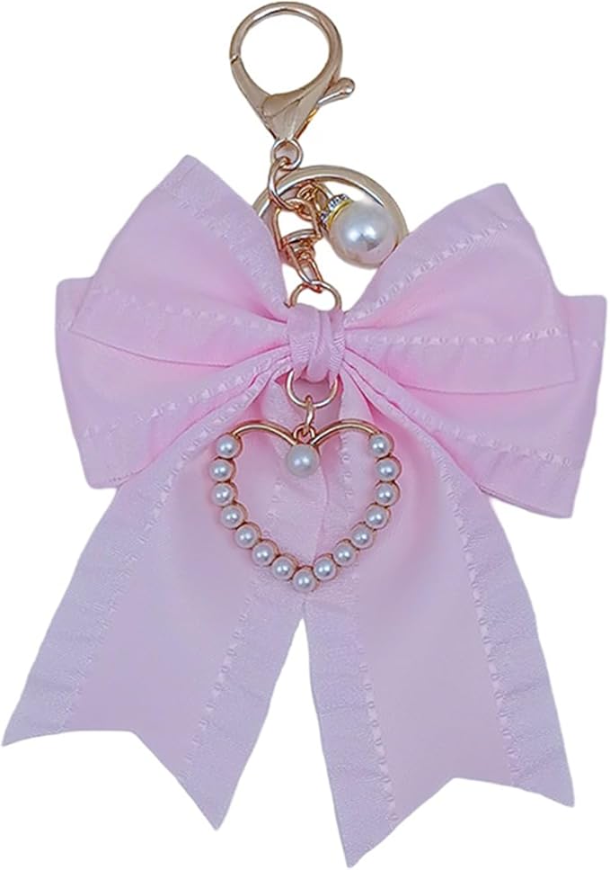 Ribbon Bowknot Bag Charms, Cute Pearl Heart Keyring Holder Purse Hanging Decorations Bag Handbag Pendant