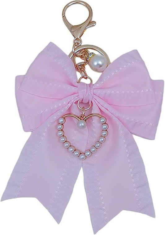 Ribbon Bowknot Bag Charms, Cute Pearl Heart Keyring Holder Purse Hanging Decorations Bag Handbag Pendant