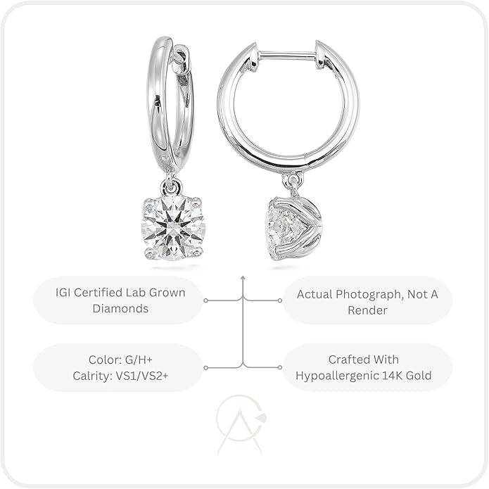 1/2 to 4 Carat Lab Grown Diamond Huggie Hoop Earrings for Women I 14k Gold Earrings (G-H, VS1-VS2, 0.50 to 4.00 cttw) Dangling Drop I Brilliant Cut Diamond Hoops by Carbon Atelier
